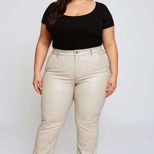 Faux leather - Cream color Straight Leg Pants with Flat Front Design
